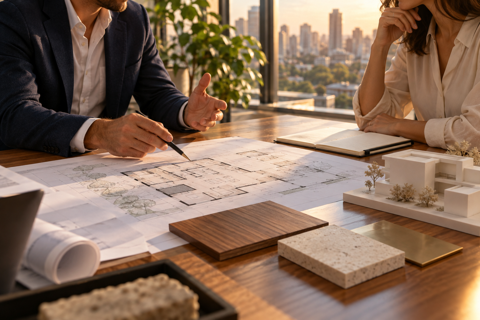 Imagem conceitual de uma conversa sobre arquitetura, com planta, maquete e materiais sobre uma mesa.