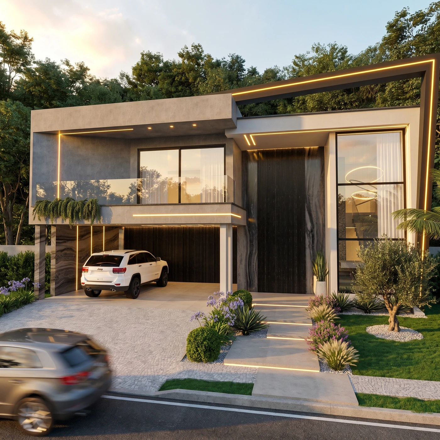 Projeto residencial em condomínio, com fachada contemporânea e paisagismo