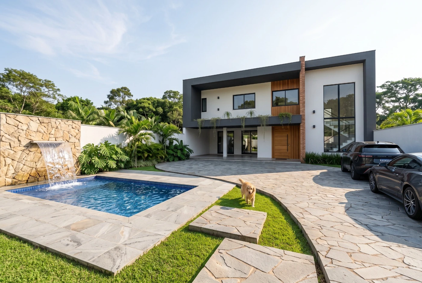 Residência após a transformação, vista do pátio com piscina e fachada