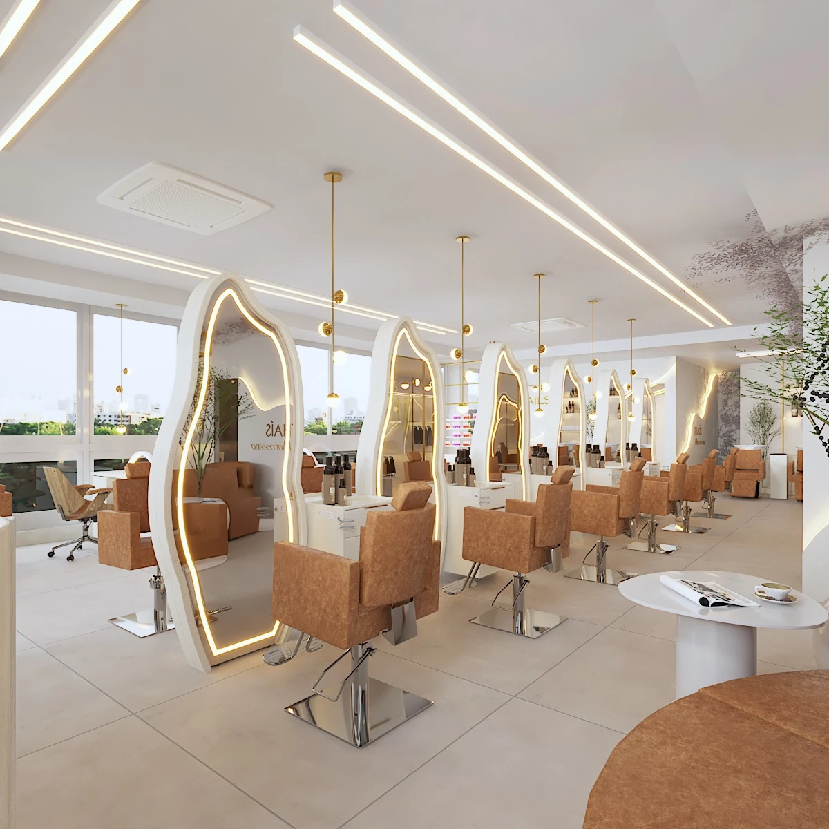 Interior de salão de beleza com espelhos iluminados e cadeiras de atendimento