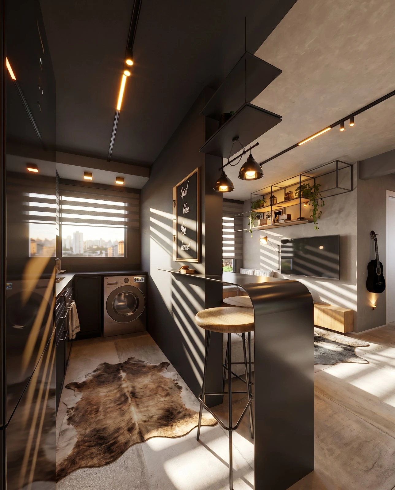 Sala e cozinha integradas de apartamento compacto em estilo industrial