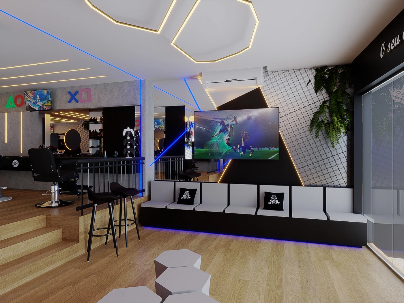 Interior de barbearia com balcão, iluminação e área de atendimento