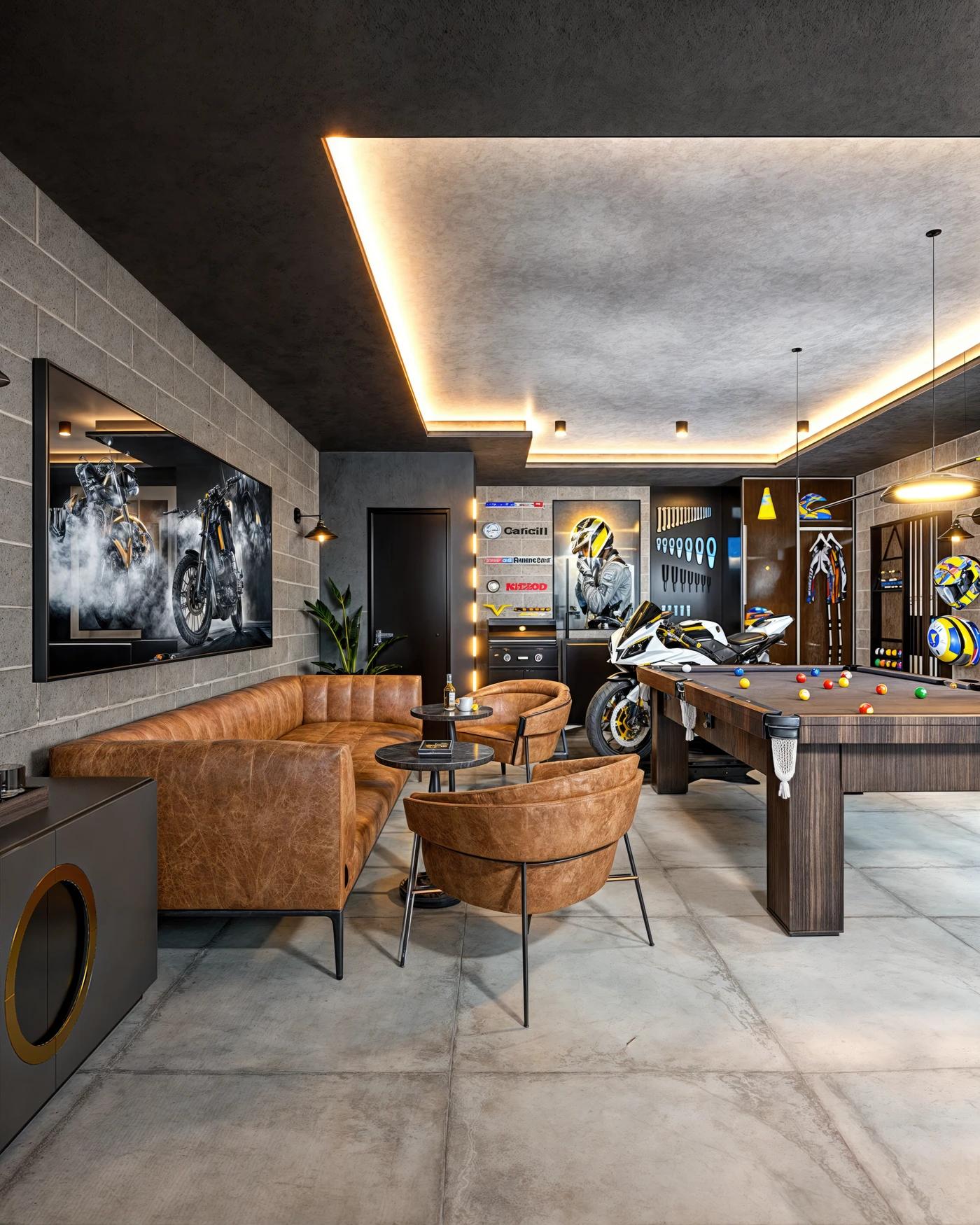 Espaço de convivência no subsolo residencial com estar, mesa de jogos e bar