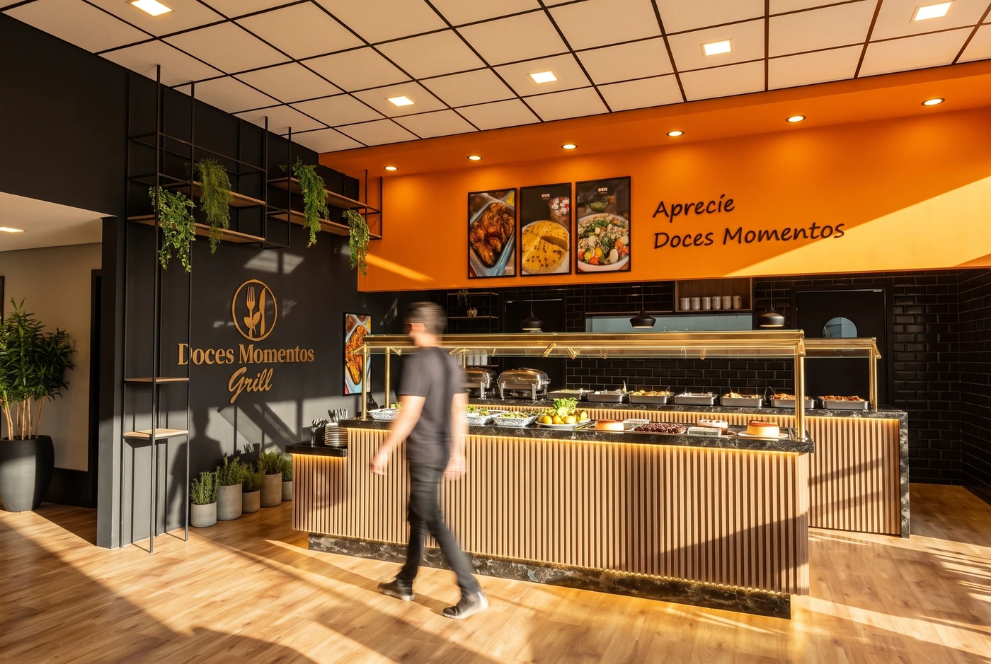 Restaurante com área de buffet e atendimento