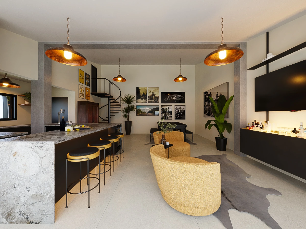 Área de convivência residencial com espaço gourmet integrado