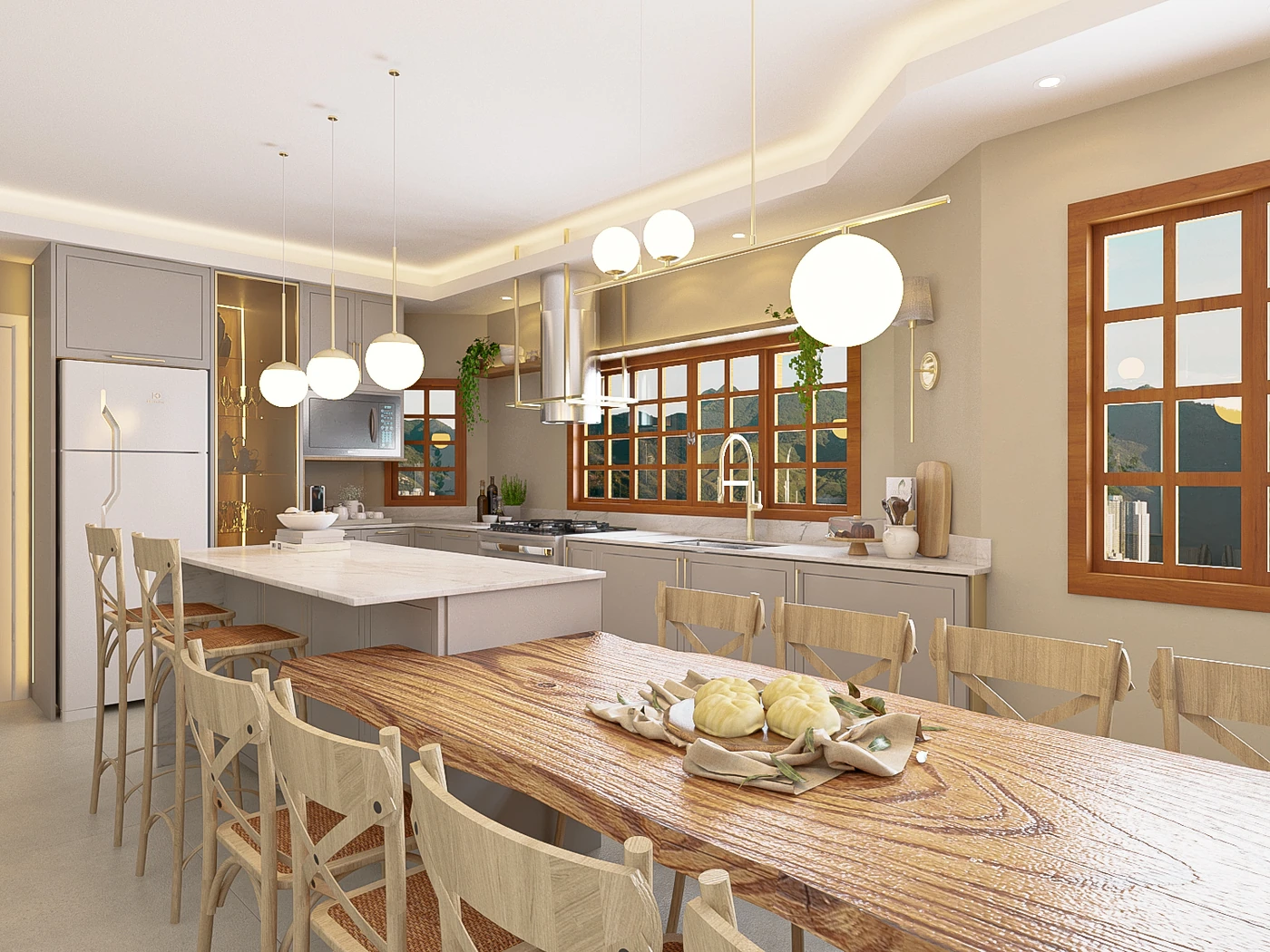 Cozinha residencial com mesa, bancada e iluminação decorativa