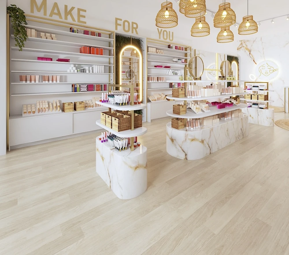 Interior de loja de cosméticos com expositores e balcão