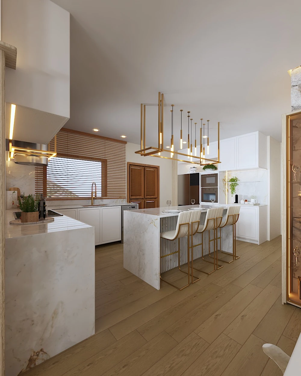 Cozinha residencial com ilha e iluminação pendente