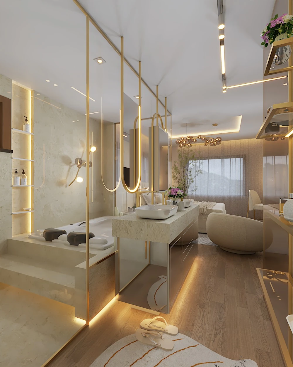 Suíte residencial com dormitório, banheiro integrado e banheira