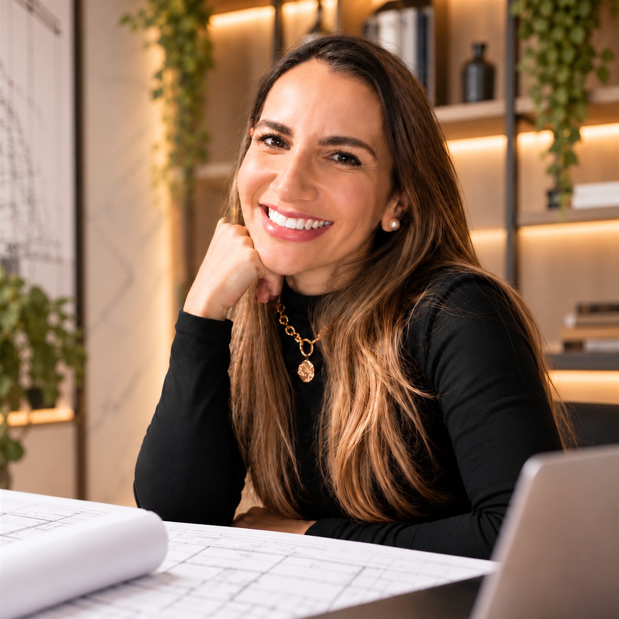 Rochana Godzimski sorrindo, sentada à mesa com desenhos de arquitetura